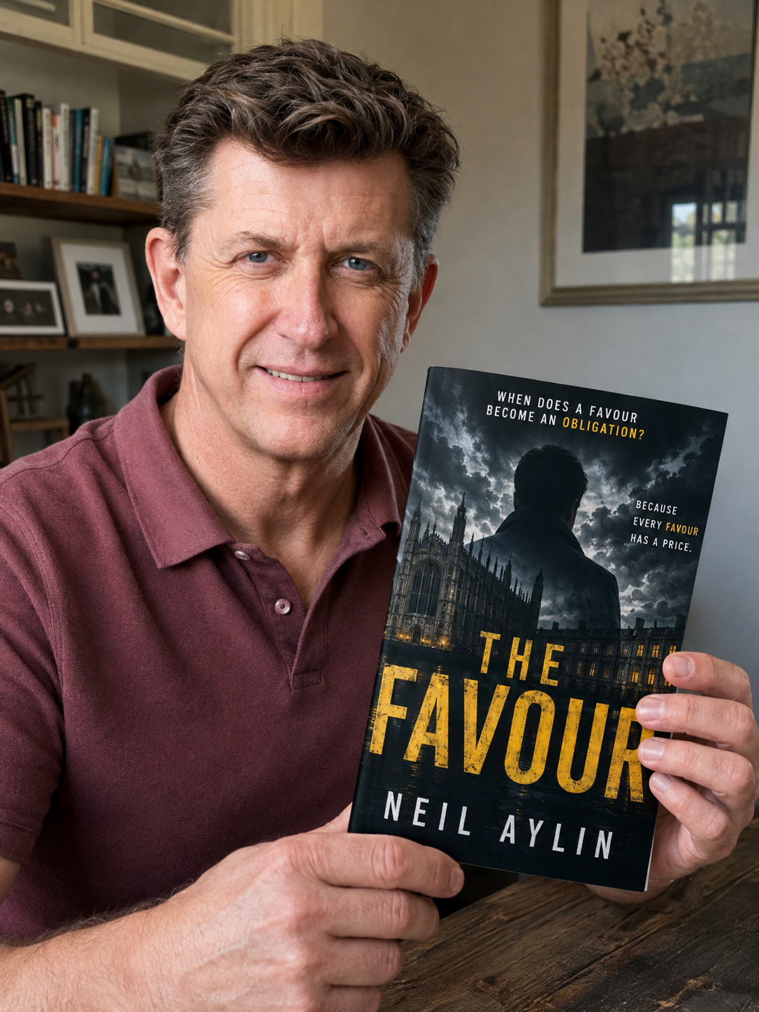 Neil Aylin holding a copy of The Favour